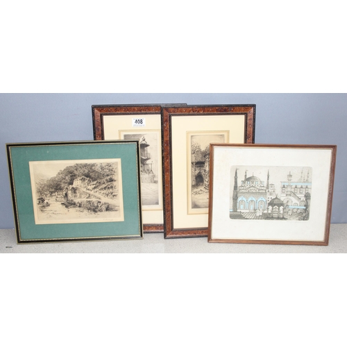 408 - 4 vintage framed etchings, 2 signed by Margaret Aulton, another by C. Russell and another indistinct... 