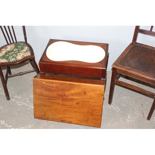 41 - 2 antique bedroom chairs and a mahogany cased bidet, bidet approx 57cm wide x 36cm deep x 46cm tall