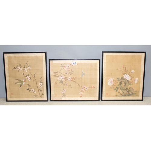 410 - 3 Chinese watercolours on fabric depicting wildlife scenes, largest approx 35cm x 41cm