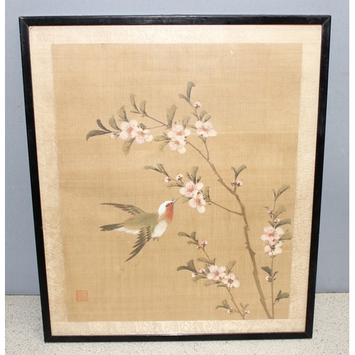 410 - 3 Chinese watercolours on fabric depicting wildlife scenes, largest approx 35cm x 41cm