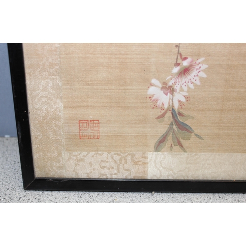 410 - 3 Chinese watercolours on fabric depicting wildlife scenes, largest approx 35cm x 41cm