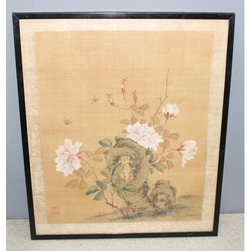 410 - 3 Chinese watercolours on fabric depicting wildlife scenes, largest approx 35cm x 41cm