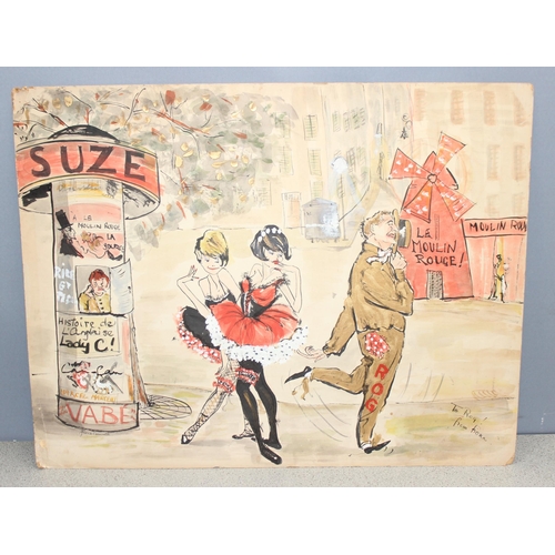 411 - Fiona Carvell (XX) vintage mid-century watercolour depicting Moulin Rouge street scene with dedicati... 