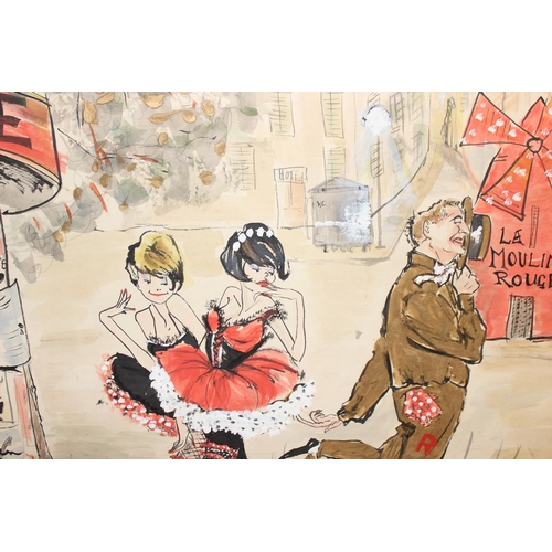 411 - Fiona Carvell (XX) vintage mid-century watercolour depicting Moulin Rouge street scene with dedicati... 