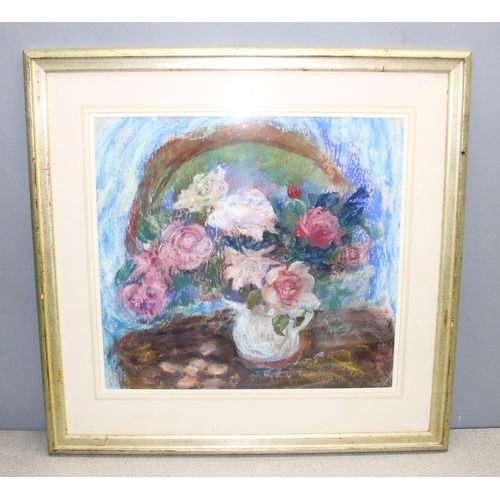 414 - Mid-century still life pastel of roses, Initialled 'CHT' lower right, approx 78cm x 76cm