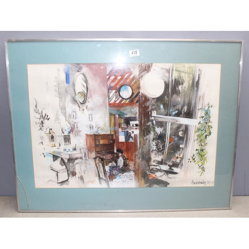 415 - Modern pastel on paper of an interior scene with figures, signed and dated lower right 'Andrewes 88'... 