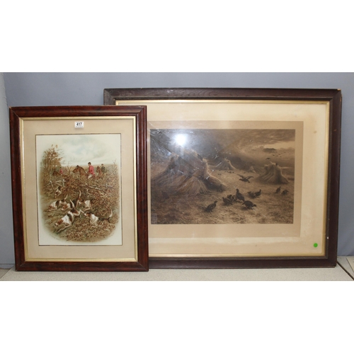 417 - 2 antique and later prints to include one of a hunting scene and another of birds eating crops, larg... 