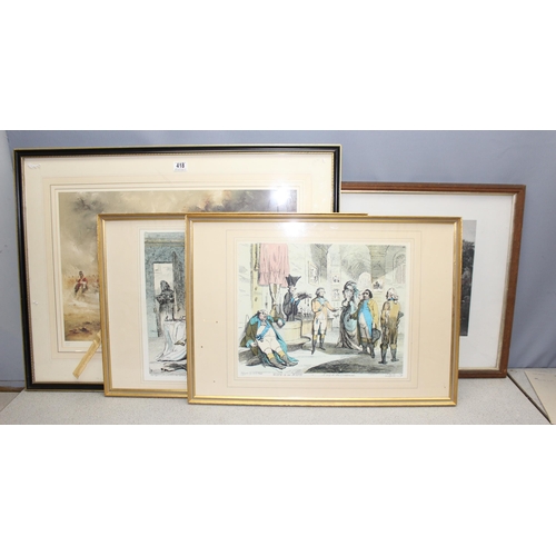 418 - 4 antique and later prints to include a David Cartwright military print and another titled the bridg... 