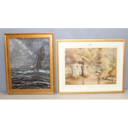 419 - 2 antique and later artworks to include a nighttime marine scene indistinctly signed and dated lower... 