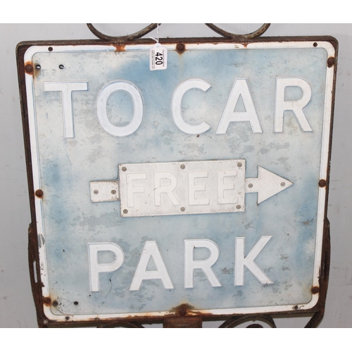 420 - Vintage aluminium car parking sign mounted in heavy wrought iron post/frame, approx 120cm H