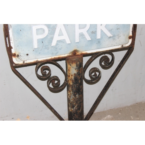 420 - Vintage aluminium car parking sign mounted in heavy wrought iron post/frame, approx 120cm H