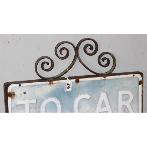 420 - Vintage aluminium car parking sign mounted in heavy wrought iron post/frame, approx 120cm H