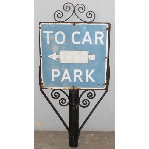 420 - Vintage aluminium car parking sign mounted in heavy wrought iron post/frame, approx 120cm H