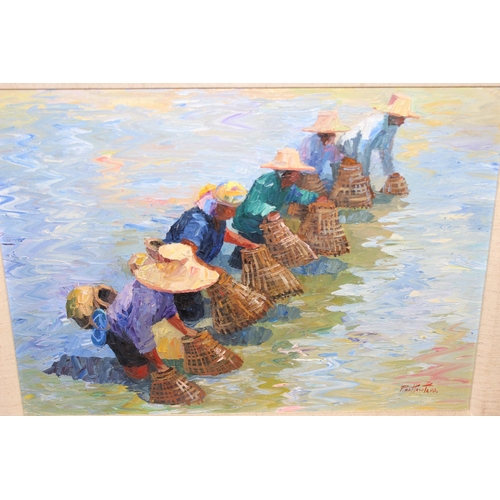 423 - Original oil on board in frame of Thai fisherman in the water, signed bottom right P. Nattasotana? a... 