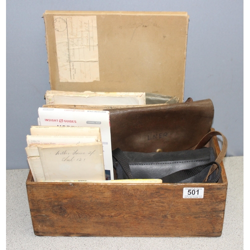 501 - Mixed lot of ephemera and other items to incl maps, Ordnance Survey maps, binoculars, satchel, woode... 