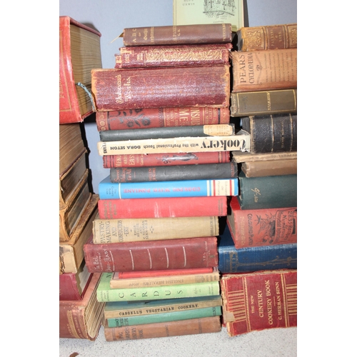 504 - 2 boxes of assorted antique and later books to incl cookery and cricket, some leather bound