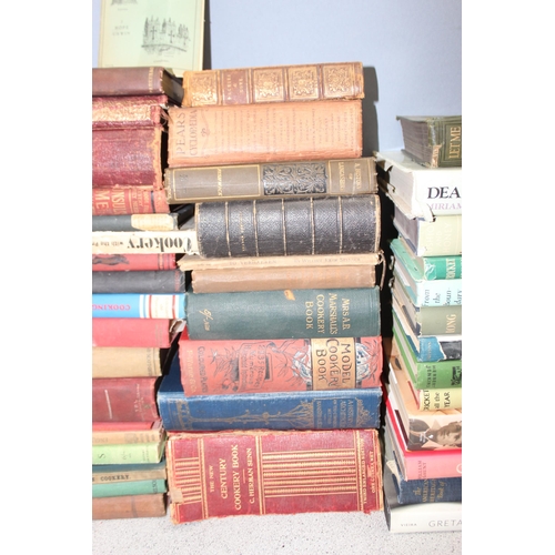 504 - 2 boxes of assorted antique and later books to incl cookery and cricket, some leather bound