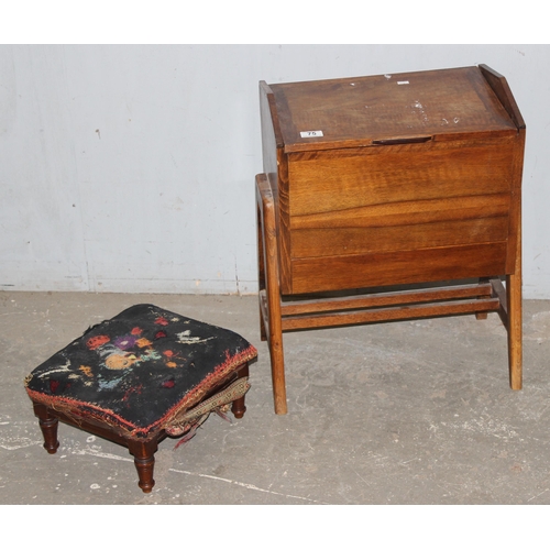 75 - A vintage sewing box and an antique foot stool, sewing box approx 44cm wide x 32cm deep x 59cm tall