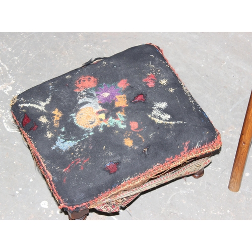 75 - A vintage sewing box and an antique foot stool, sewing box approx 44cm wide x 32cm deep x 59cm tall