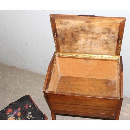 75 - A vintage sewing box and an antique foot stool, sewing box approx 44cm wide x 32cm deep x 59cm tall