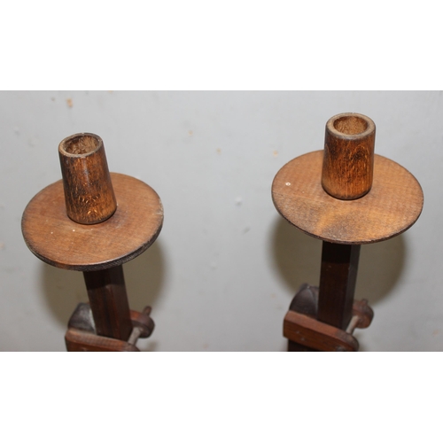 76 - An unusual pair of adjustable wooden floor standing candlesticks, approx 125cm tall (170cm fully ext... 