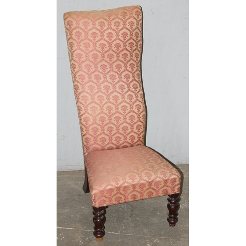 77 - An antique low chair or prie dieu chair with pink upholstery, approx 45cm wide x 55cm deep x 100cm t... 