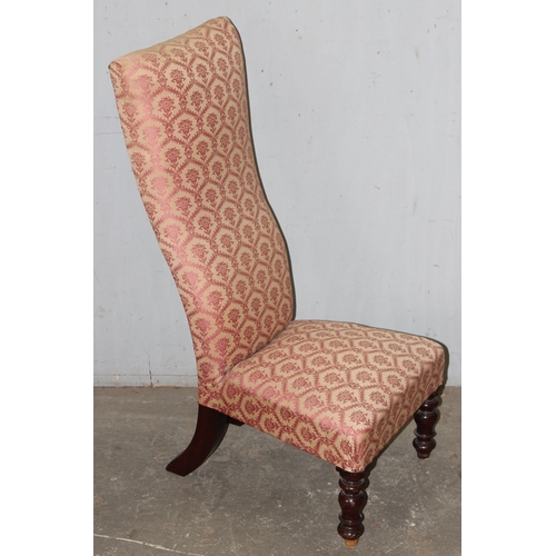 77 - An antique low chair or prie dieu chair with pink upholstery, approx 45cm wide x 55cm deep x 100cm t... 