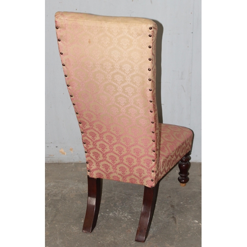 77 - An antique low chair or prie dieu chair with pink upholstery, approx 45cm wide x 55cm deep x 100cm t... 