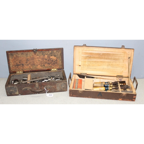 809 - 2 vintage tool boxes with contents to incl sockets, chisels and other woodworking tools