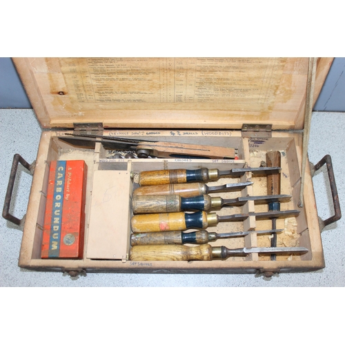 809 - 2 vintage tool boxes with contents to incl sockets, chisels and other woodworking tools