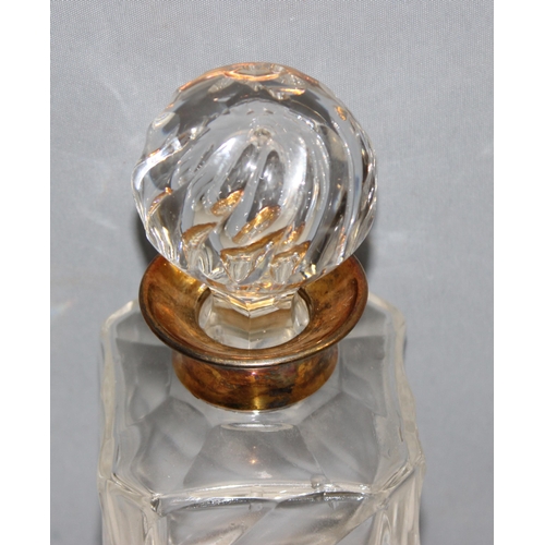 1008 - Vintage glass decanter with gilt-silver collar, approx 24cm H