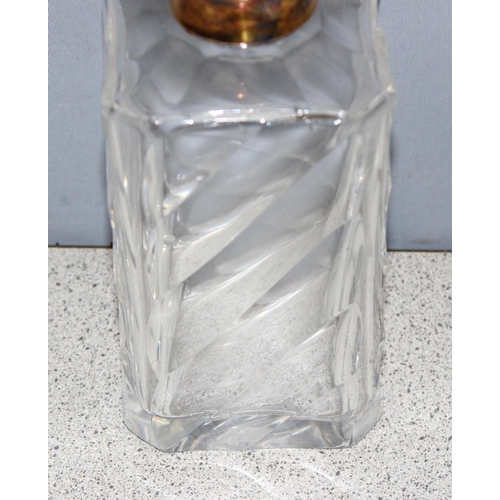 1008 - Vintage glass decanter with gilt-silver collar, approx 24cm H