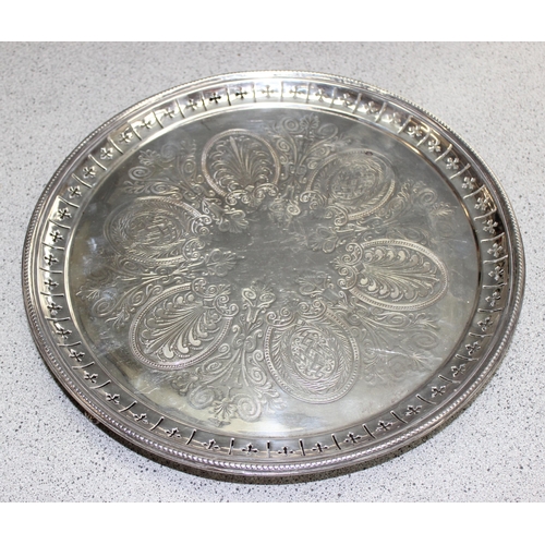 1014 - Large Georgian style silver plated tray on feet, a Victorian silver plated tray with aesthetic desig... 