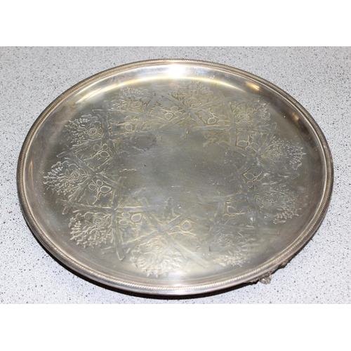 1014 - Large Georgian style silver plated tray on feet, a Victorian silver plated tray with aesthetic desig... 