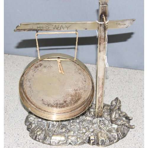 1015 - Novelty silver plated gong - with “This Way” pointing  sign, stamped with registration number and re... 