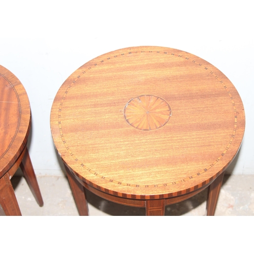 104 - A near pair of Sheraton Revival inlaid round topped side tables, largest approx 38cm wide x 38cm dee... 