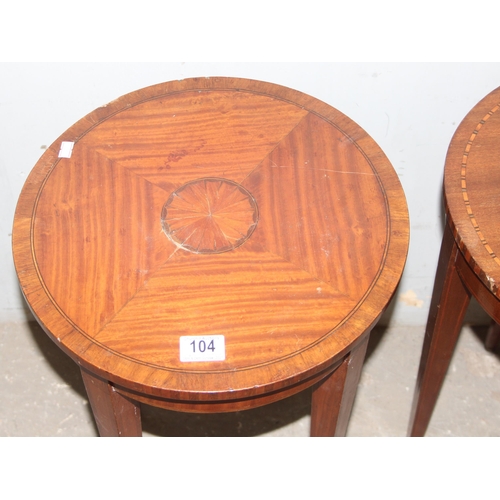 104 - A near pair of Sheraton Revival inlaid round topped side tables, largest approx 38cm wide x 38cm dee... 