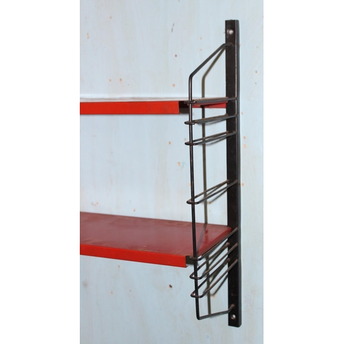 113 - Retro red wall shelf with black supports, Tomado style, approx 41cm wide