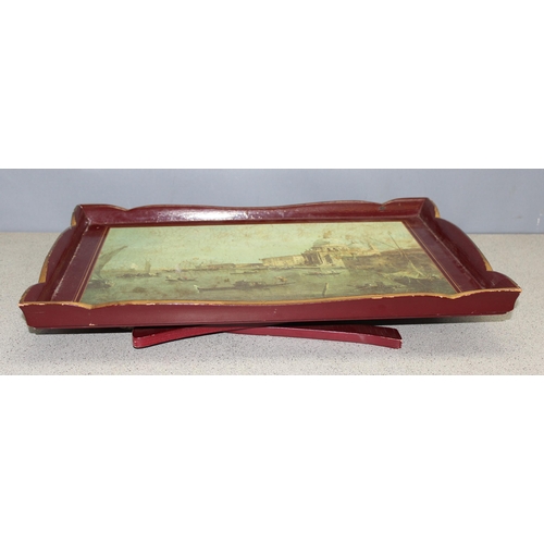 114 - Vintage folding wooden tray table with Canaletto print to the top by Sewell, and a green and gilt gl... 