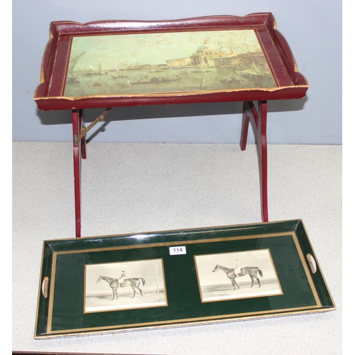 114 - Vintage folding wooden tray table with Canaletto print to the top by Sewell, and a green and gilt gl... 