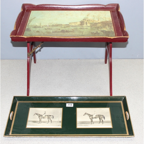 114 - Vintage folding wooden tray table with Canaletto print to the top by Sewell, and a green and gilt gl... 