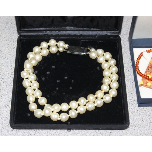 1147 - Mid 20c box clasp two string pearl necklace in original Hatton Garden Castle Court presentation case... 