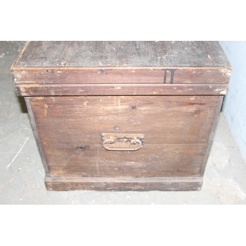 118 - A vintage stained pine trunk or tool chest with 2 layers of internal compartments, approx 75cm wide ... 