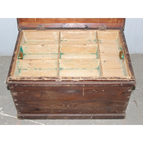 118 - A vintage stained pine trunk or tool chest with 2 layers of internal compartments, approx 75cm wide ... 