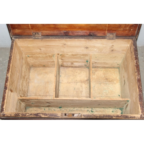 118 - A vintage stained pine trunk or tool chest with 2 layers of internal compartments, approx 75cm wide ... 