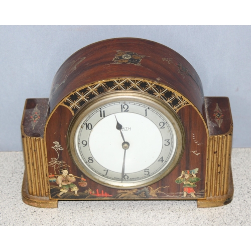 1318 - Small wooden cased Chinoiserie 8-day mantel clock by Smith's, approx 13.5cm H