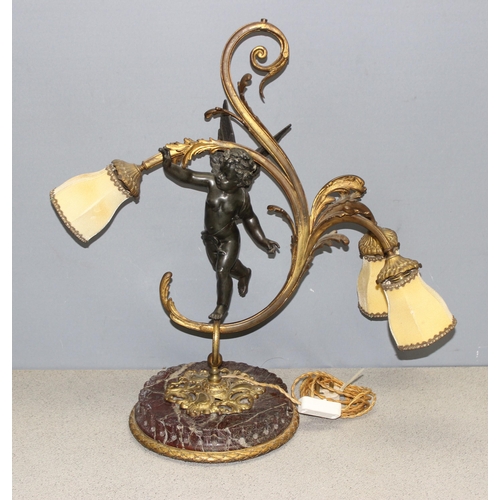 243 - Antique French 3-branch Belle Epoque patinated table lamp with cast bronzed metal cherub and gilt de... 