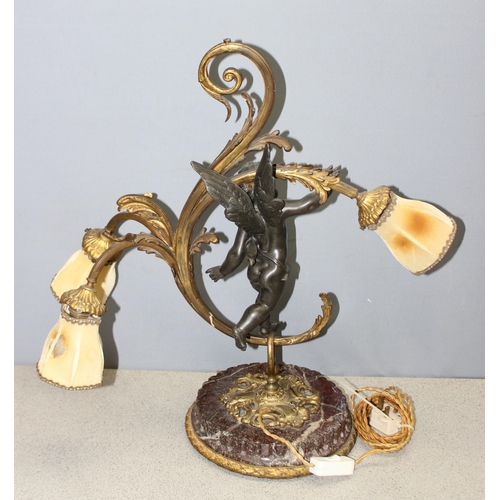 243 - Antique French 3-branch Belle Epoque patinated table lamp with cast bronzed metal cherub and gilt de... 