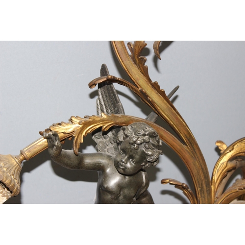 243 - Antique French 3-branch Belle Epoque patinated table lamp with cast bronzed metal cherub and gilt de... 