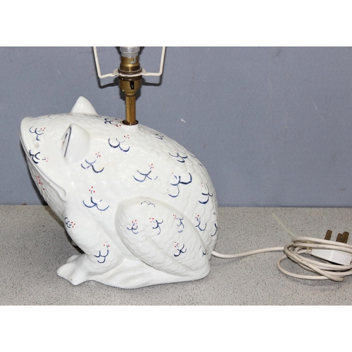 244 - An interesting Italian made white glazed ceramic lamp base in the form of a frog with blue and red d... 